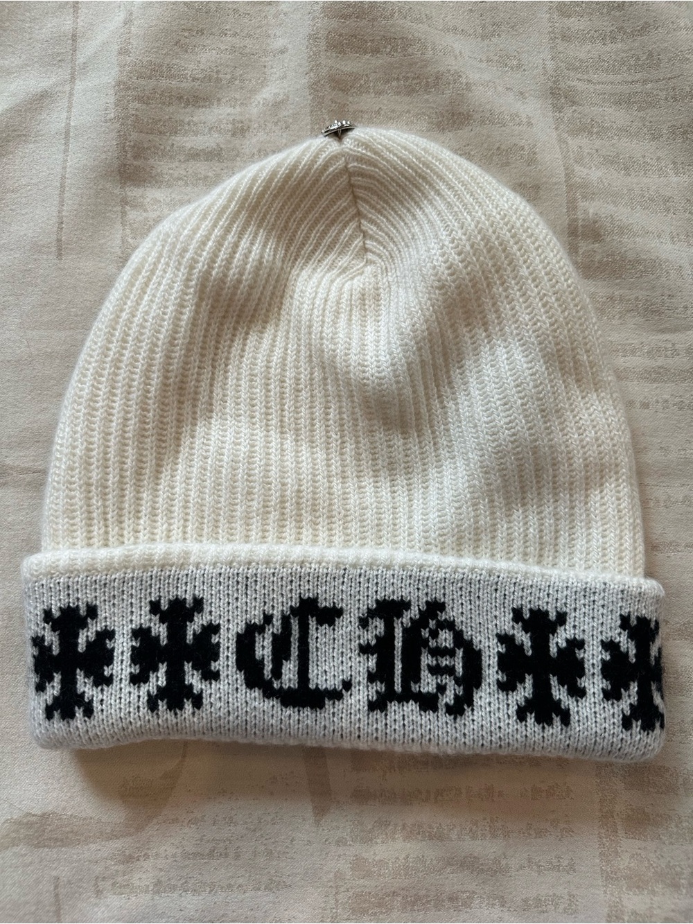 Chrome Hearts Ribbed Cross Logo Beanie White Cashmere